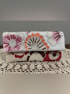 Embroidered Sequin Floral Clutch - White, Coral, Pink